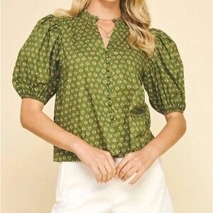 Pinch Puff Sleeve Blouse Women's Large Green Floral Button Front Boho Top